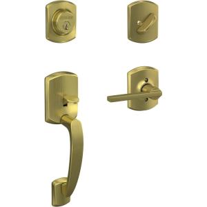 Schlage F60 GRW 608 LAT GRW Greenwich Front Entry Handleset with Latitude Door Lever, Deadbolt Keyed 1 Side, Satin Brass