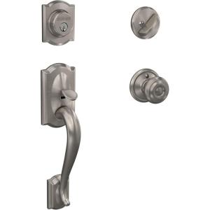 Schlage F60 V CAM 619 GEO Camelot Front Entry Handleset with Georgian Knob, Deadbolt Keyed 1 Side, Satin Nickel