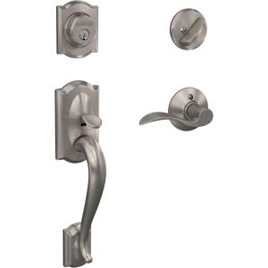 Schlage F60 V CAM 716 ACC Camelot Front Entry Handleset with Accent Lever, Deadbolt Keyed 1 Side, Aged Bronze(Satin Nickel)