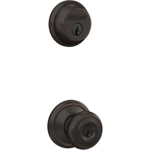 Schlage FB50 V GEO 609 Single Cylinder Deadbolt and Keyed Entry Georgian Knob, Antique Brass(Aged Bronze)