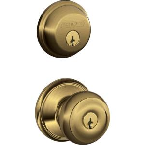Schlage FB50 V GEO 609 Single Cylinder Deadbolt and Keyed Entry Georgian Knob, Antique Brass(Brass)