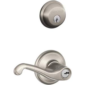 Schlage FB50N V FLA 619 B60 Single Cylinder Deadbolt and F51 Keyed Entry Flair Lever Keyed Alike, Satin Nickel finish(Security Set_Flair)