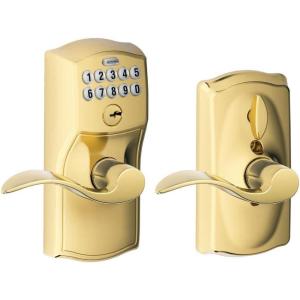 Schlage FE595 CAM 505 ACC Camelot Design Keypad Entry with Accent Levers, Lifetime Polished Brass