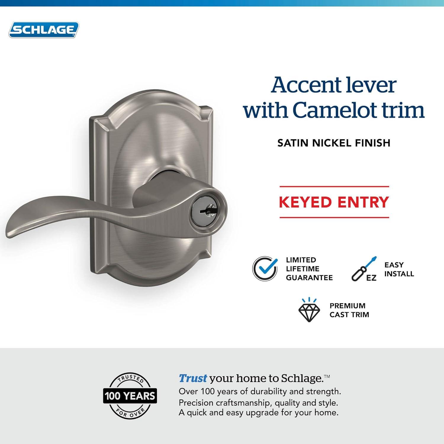 image:imageSCHLAGE F51A ACC 619 CAM Accent Lever with Camelot Trim Keyed Entry Lock Satin NickelKeyed Entry Pack of 8