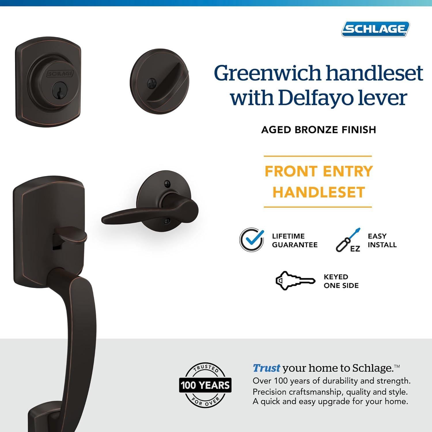 image:imageSCHLAGE Greenwich Single Cylinder Handleset and Broadway Lever Matte Black F60 GRW 622 BRW GRWAged Bronze