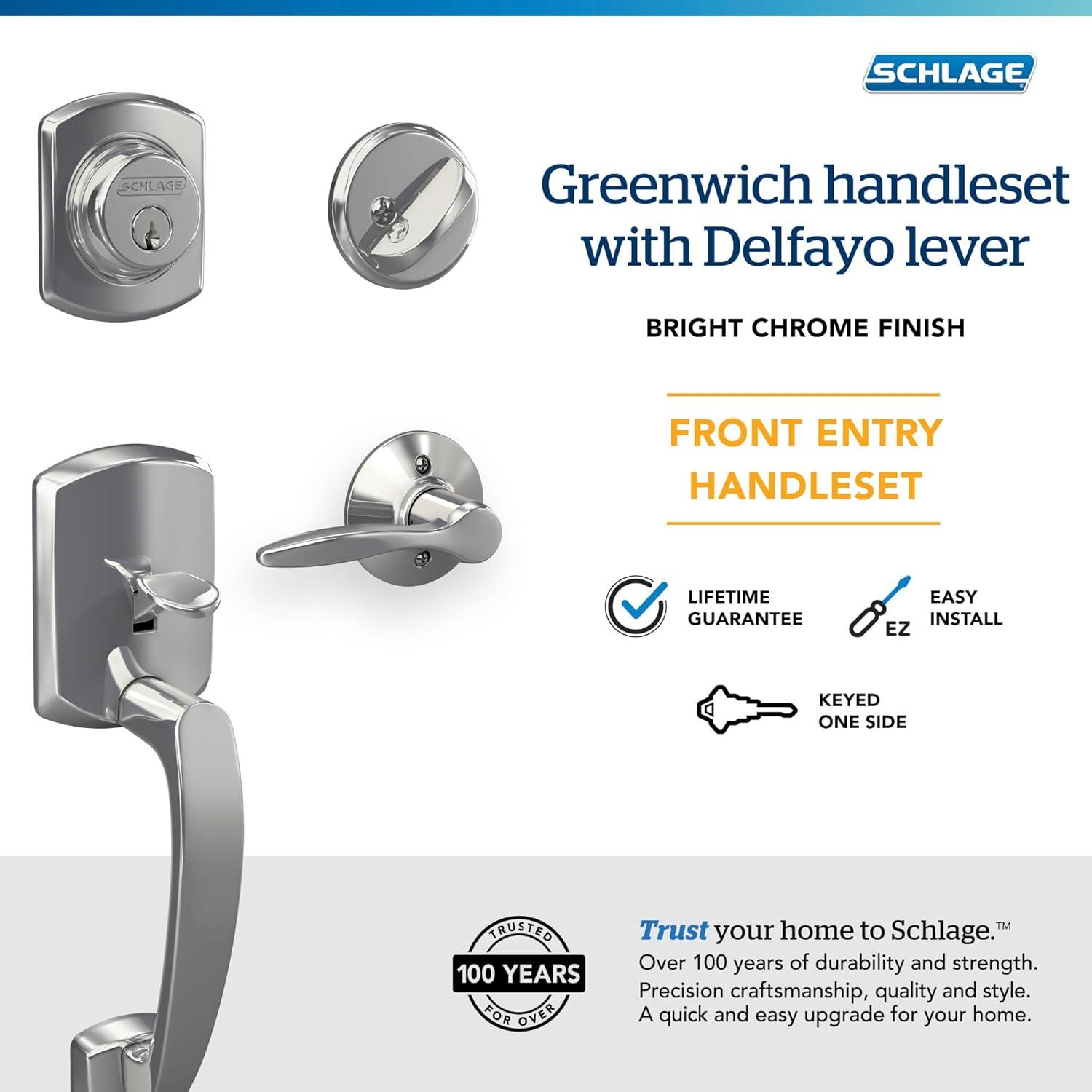 image:imageSCHLAGE Greenwich Single Cylinder Handleset and Broadway Lever Matte Black F60 GRW 622 BRW GRWBright Chrome