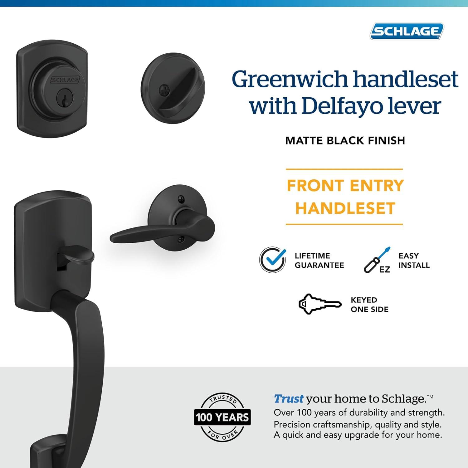 image:imageSCHLAGE Greenwich Single Cylinder Handleset and Broadway Lever Matte Black F60 GRW 622 BRW GRWMatte Black
