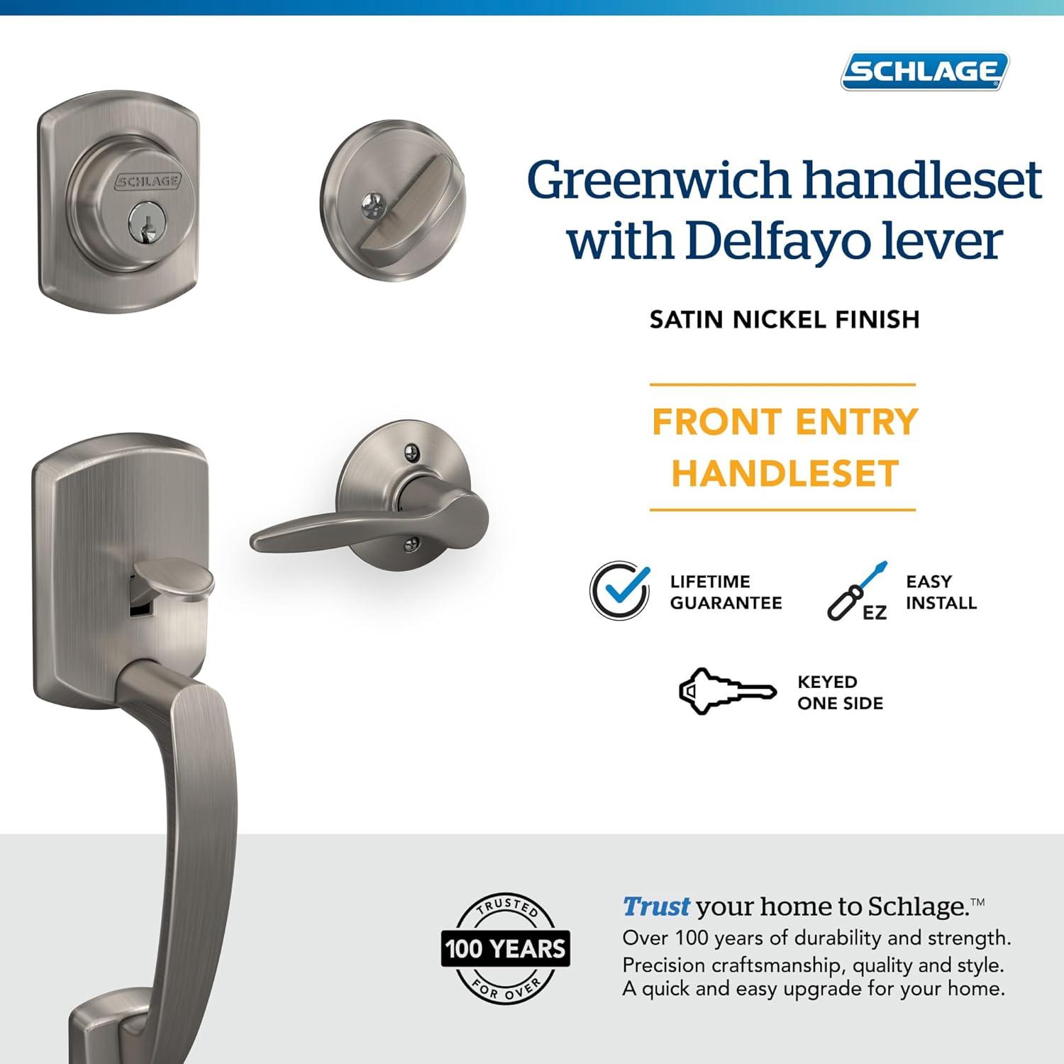 image:imageSCHLAGE Greenwich Single Cylinder Handleset and Broadway Lever Matte Black F60 GRW 622 BRW GRWSatin Nickel