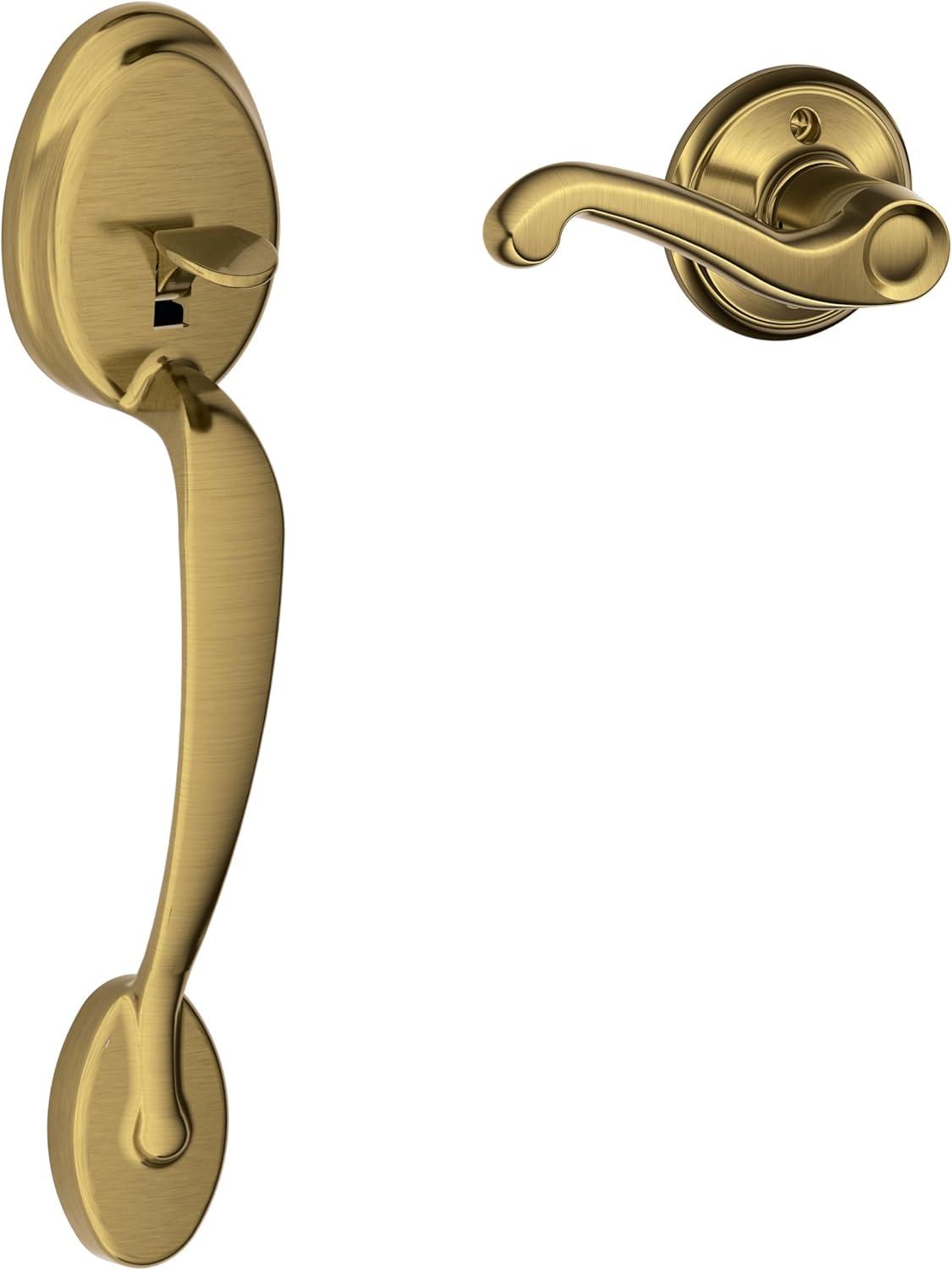 image:imageSCHLAGE Plymouth Front Entry Handle Flair RightHanded Interior Lever Satin Nickel FE285 PLY 619 FLA RHAntique Brass