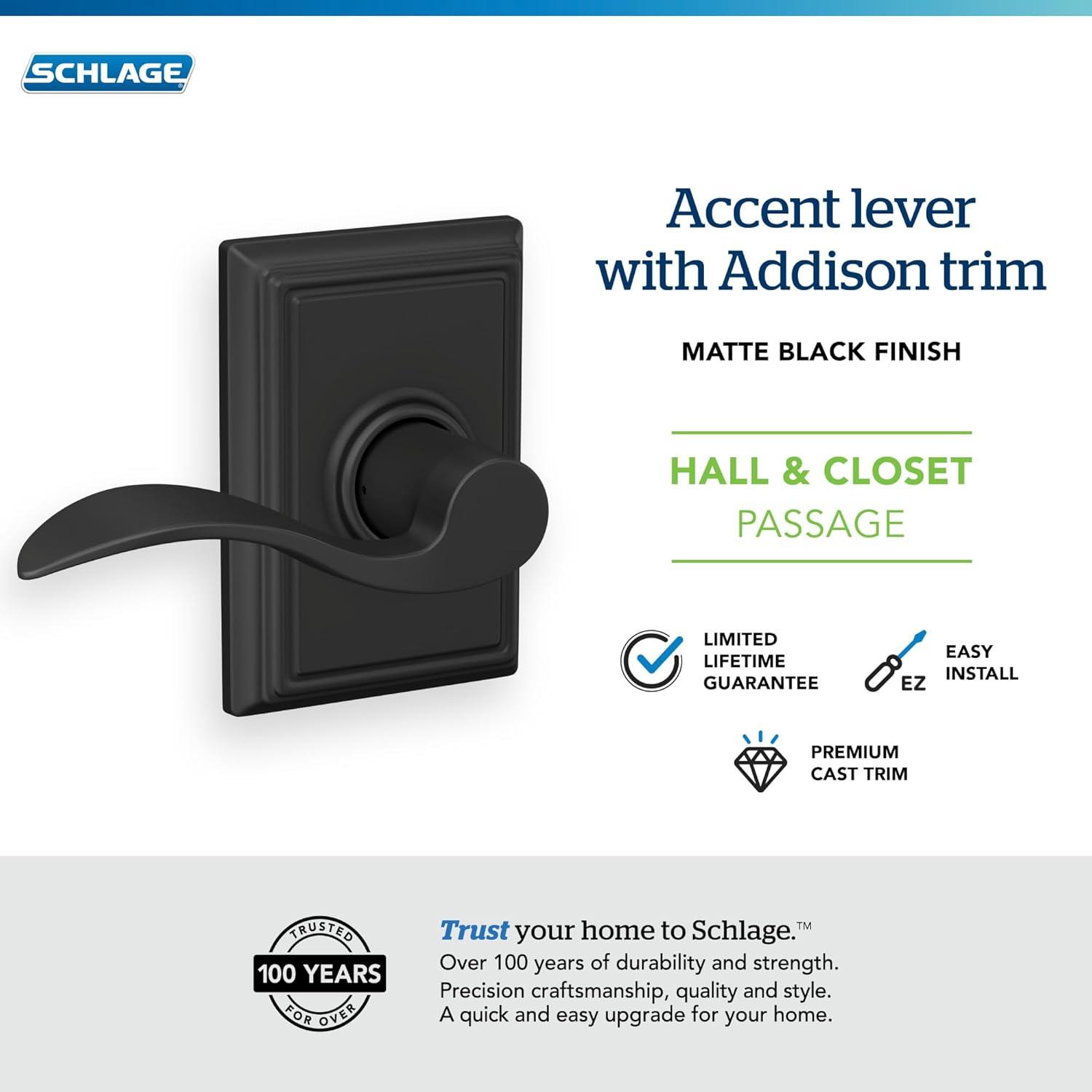 image:imageSchlage F10 ACC 622 ADD Accent Door Lever with Addison Trim Hall amp Closet Passage Lock Matte BlackPassage