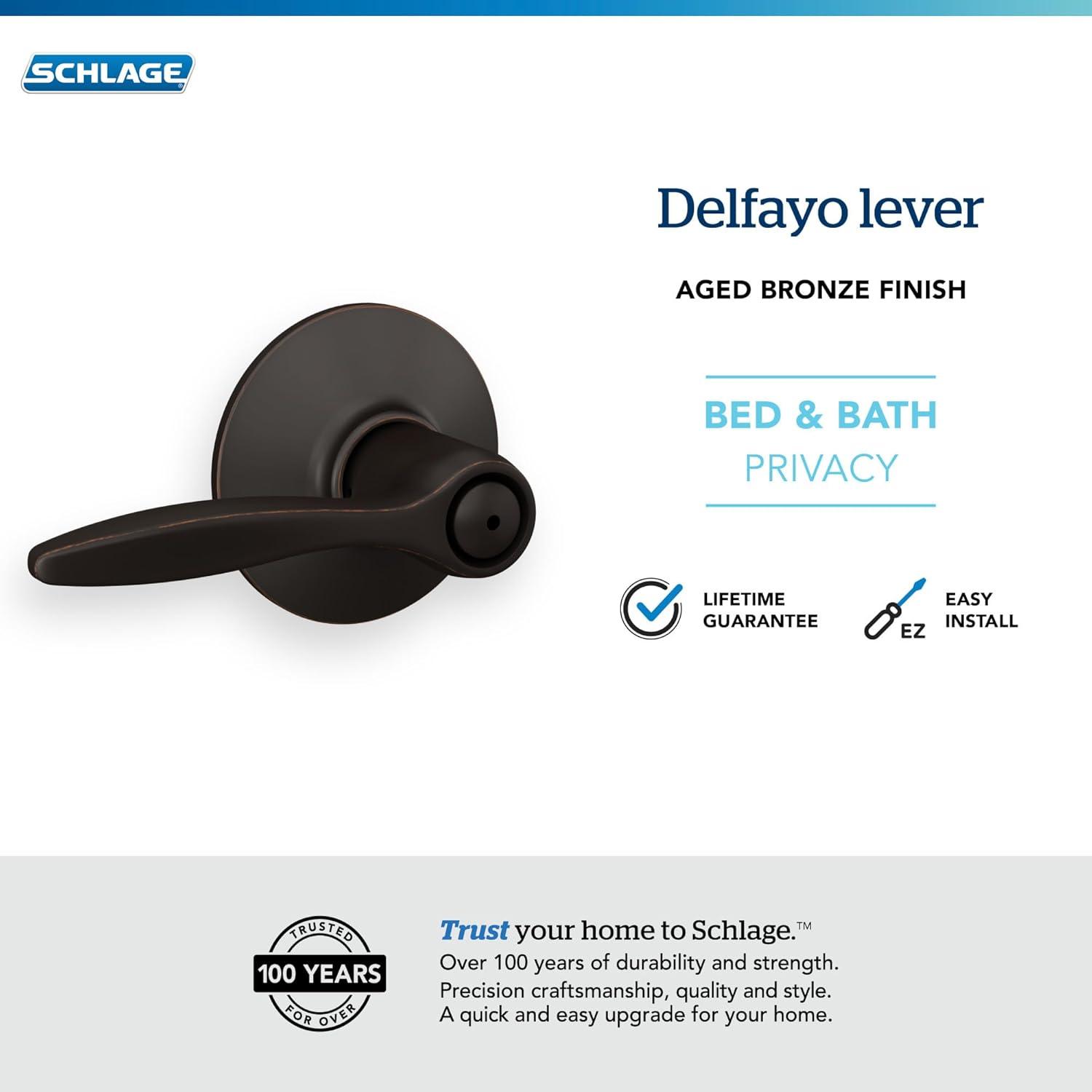 image:imageSchlage F40 DEL 608 Delfayo Door Lever with Standard Trim Bed amp Bath Privacy Lock Satin BrassAged Bronze