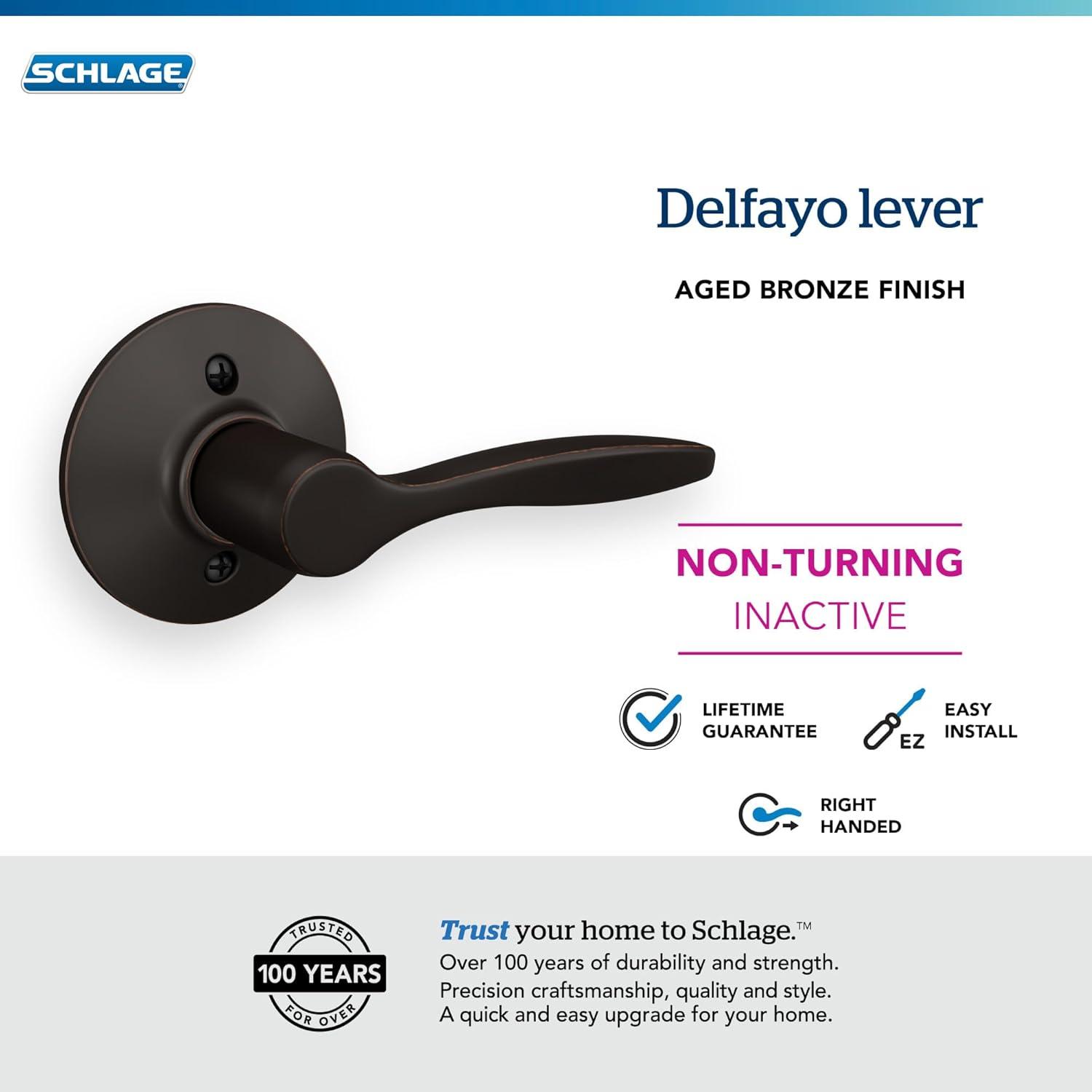 image:imageSchlage F40 DEL 608 Delfayo Door Lever with Standard Trim Bed amp Bath Privacy Lock Satin BrassAged Bronze