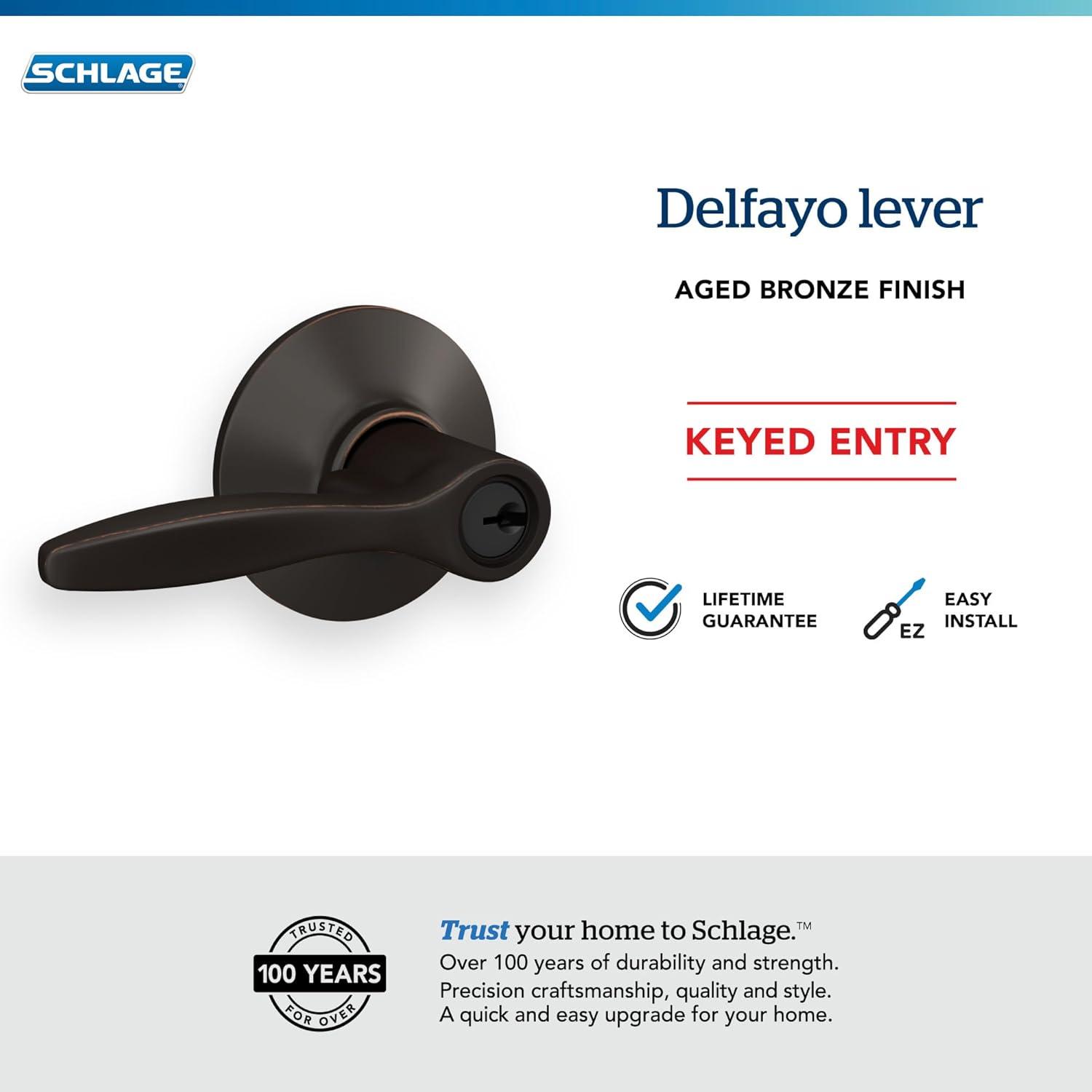 image:imageSchlage F40 DEL 608 Delfayo Door Lever with Standard Trim Bed amp Bath Privacy Lock Satin BrassAged Bronze