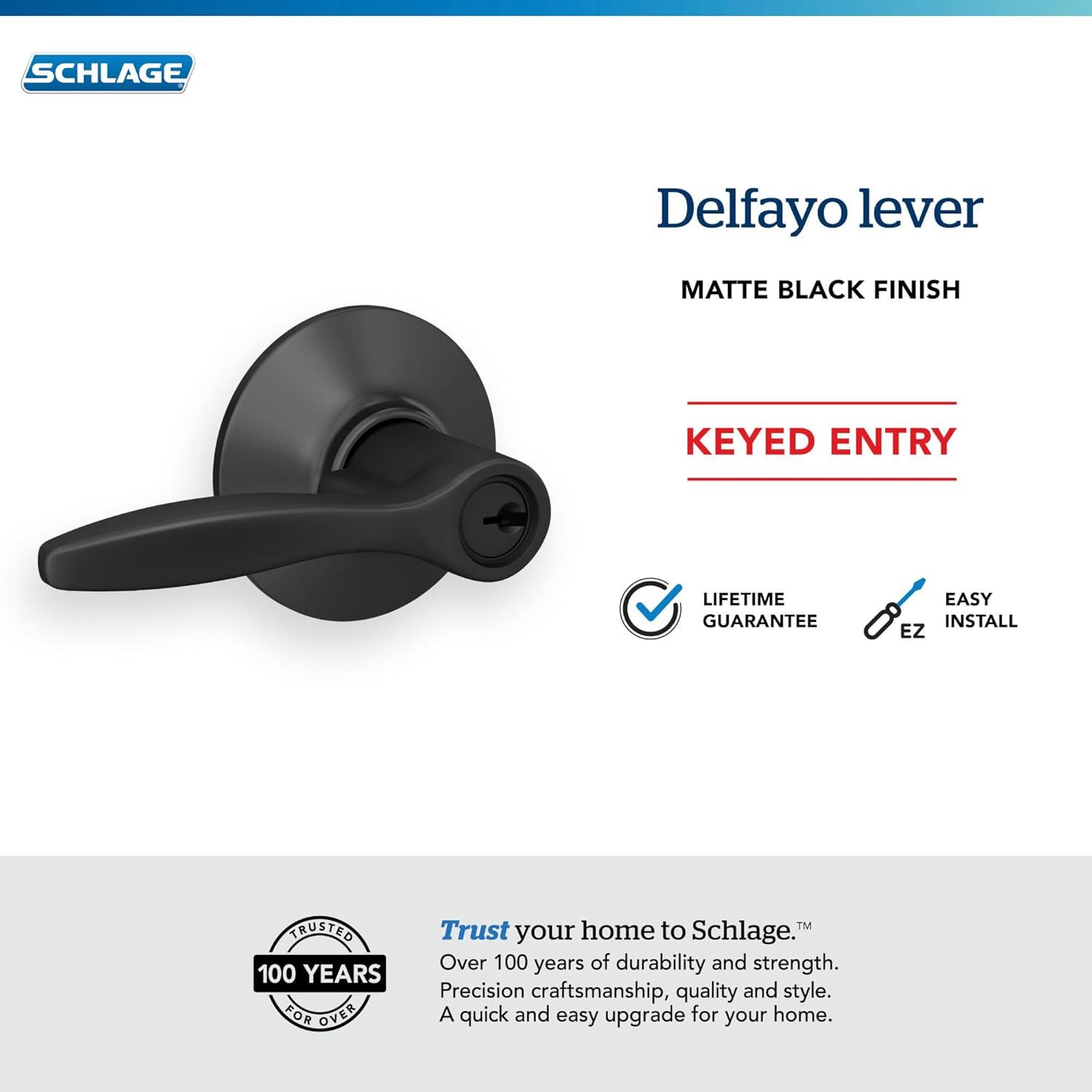 image:imageSchlage F40 DEL 608 Delfayo Door Lever with Standard Trim Bed amp Bath Privacy Lock Satin BrassMatte Black