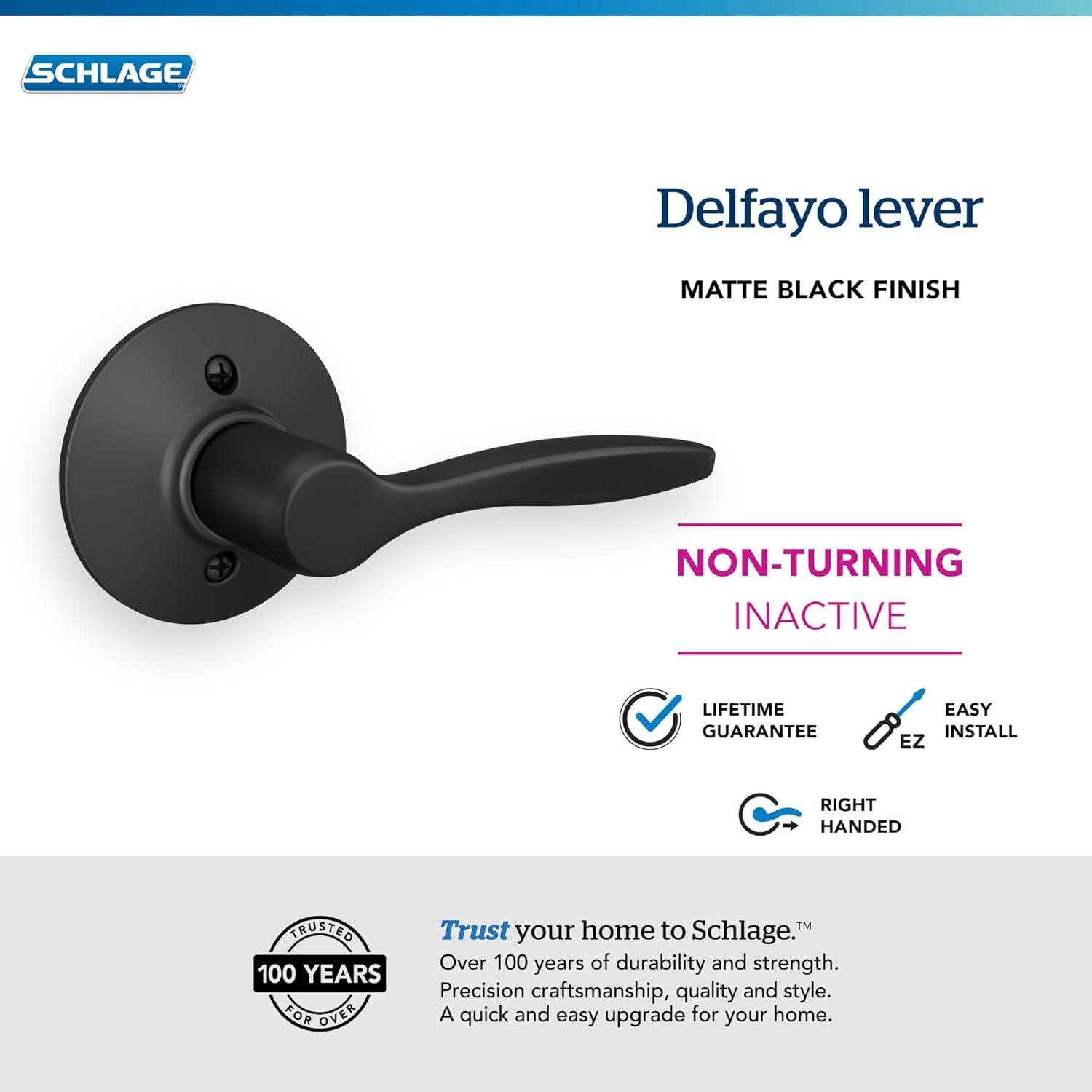 image:imageSchlage F40 DEL 608 Delfayo Door Lever with Standard Trim Bed amp Bath Privacy Lock Satin BrassMatte Black