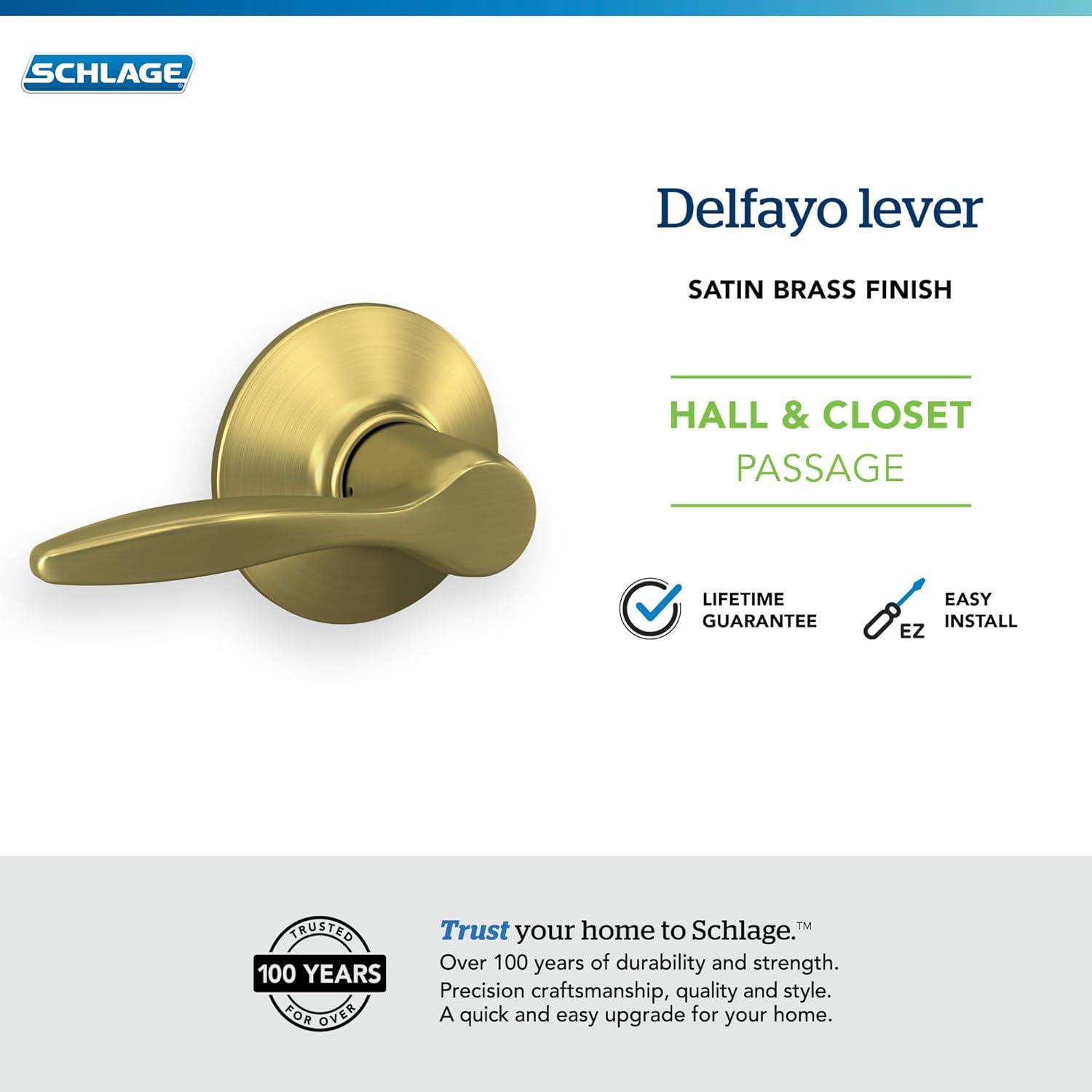 image:imageSchlage F40 DEL 608 Delfayo Door Lever with Standard Trim Bed amp Bath Privacy Lock Satin BrassSatin Brass