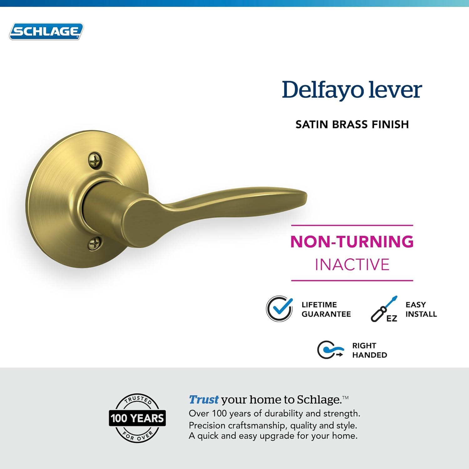 image:imageSchlage F40 DEL 608 Delfayo Door Lever with Standard Trim Bed amp Bath Privacy Lock Satin BrassSatin Brass