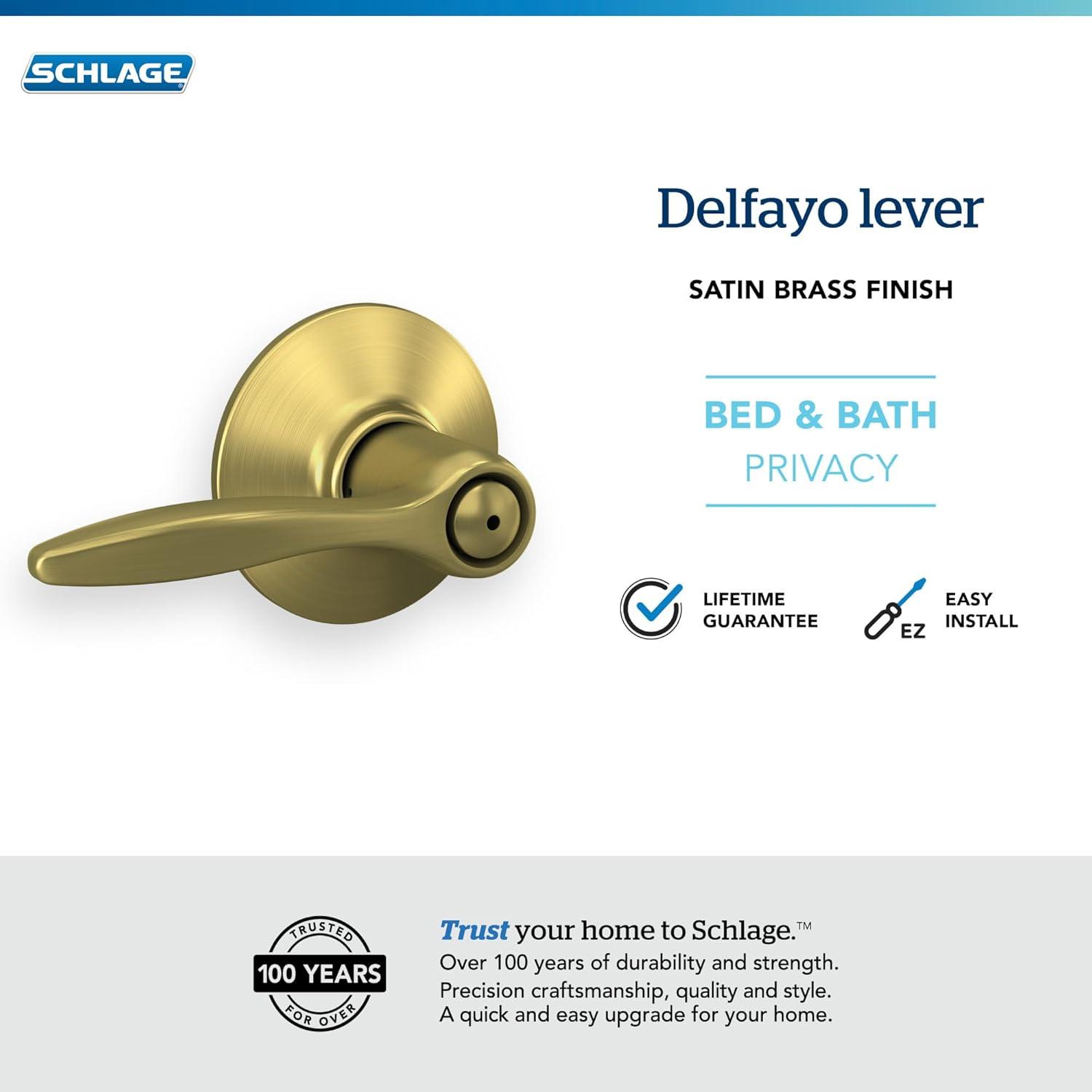 image:imageSchlage F40 DEL 608 Delfayo Door Lever with Standard Trim Bed amp Bath Privacy Lock Satin BrassSatin Brass