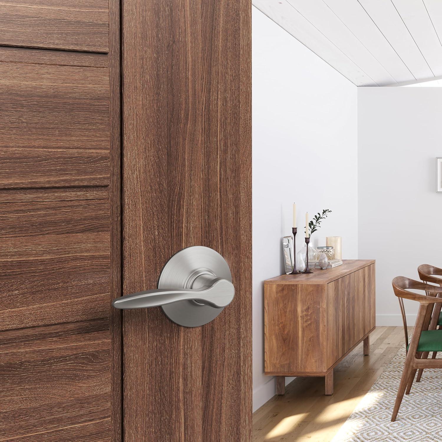 image:imageSchlage F40 DEL 608 Delfayo Door Lever with Standard Trim Bed amp Bath Privacy Lock Satin BrassSatin Nickel