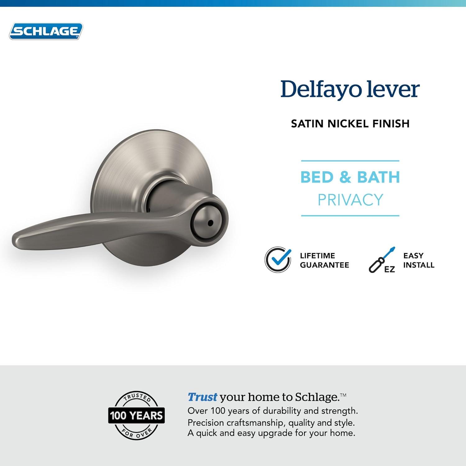 image:imageSchlage F40 DEL 608 Delfayo Door Lever with Standard Trim Bed amp Bath Privacy Lock Satin BrassSatin Nickel