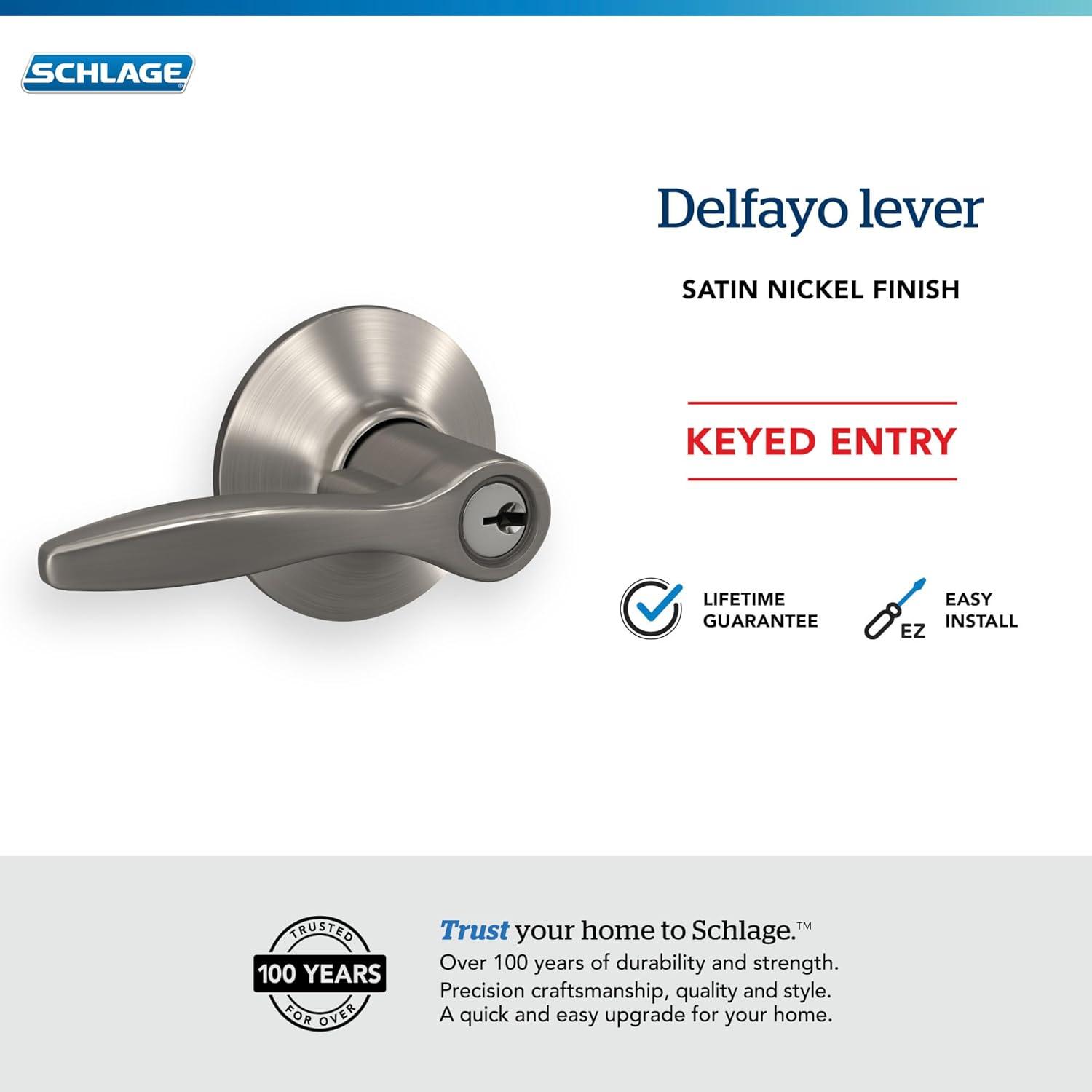 image:imageSchlage F40 DEL 608 Delfayo Door Lever with Standard Trim Bed amp Bath Privacy Lock Satin BrassSatin Nickel