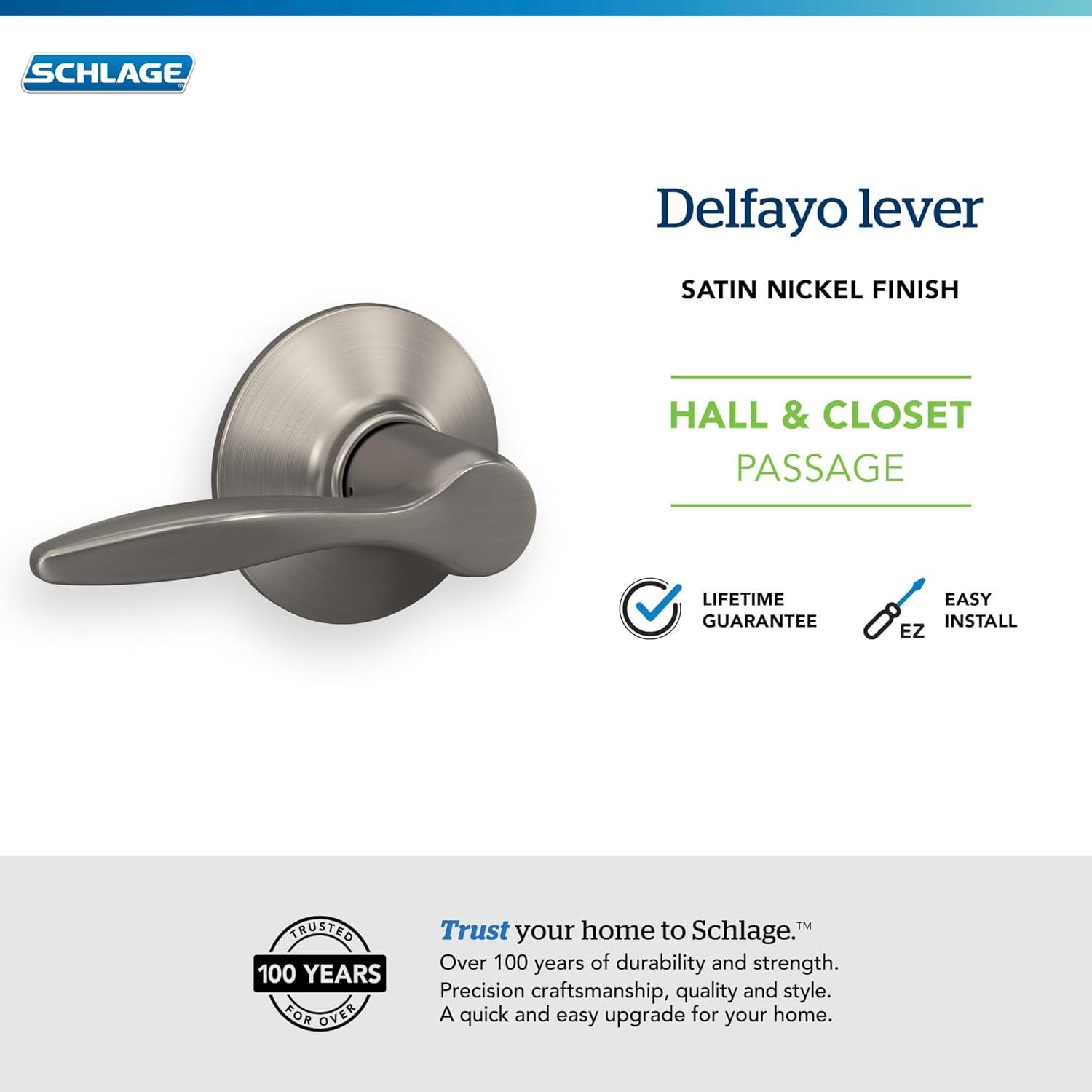 image:imageSchlage F40 DEL 608 Delfayo Door Lever with Standard Trim Bed amp Bath Privacy Lock Satin BrassSatin Nickel