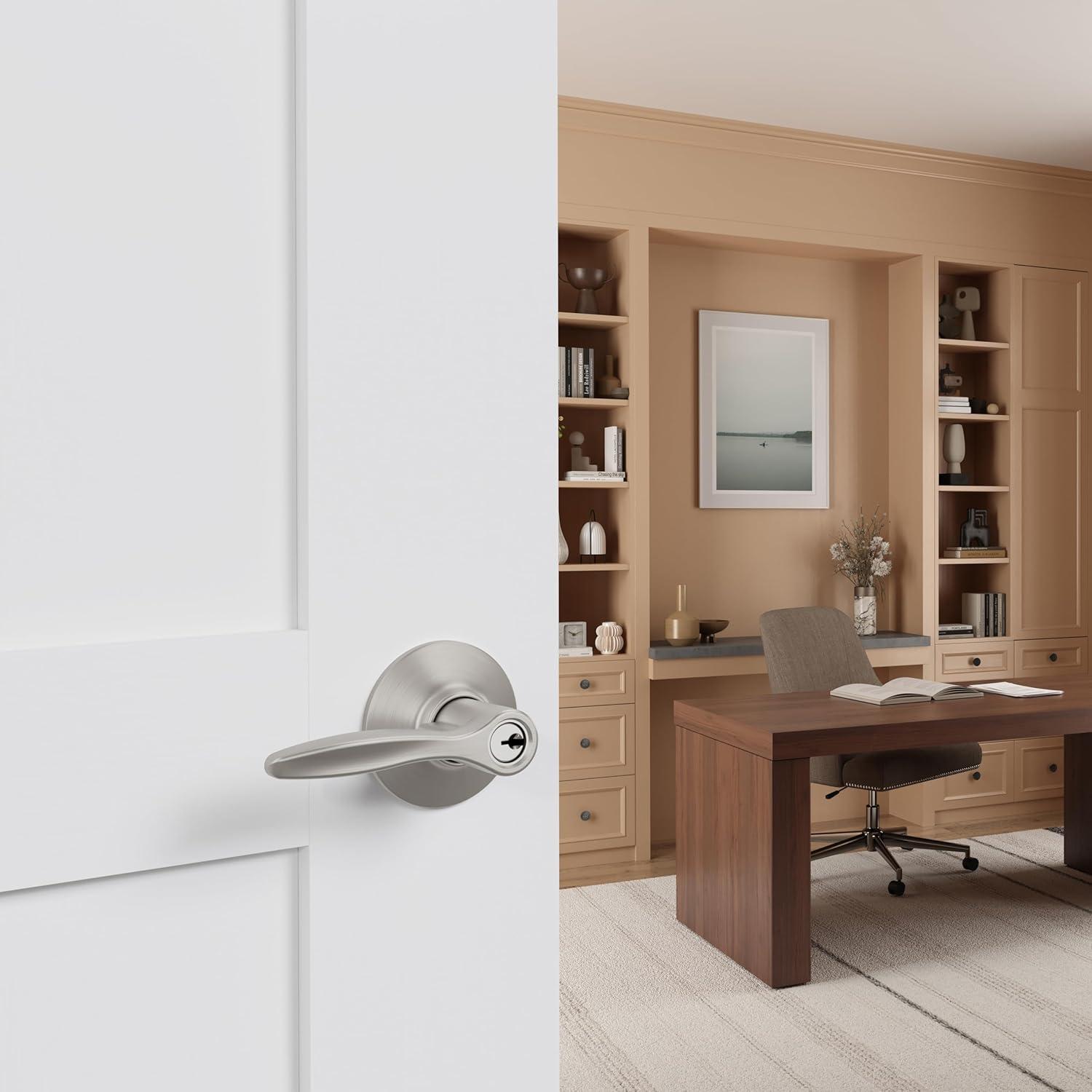 image:imageSchlage F40 DEL 608 Delfayo Door Lever with Standard Trim Bed amp Bath Privacy Lock Satin BrassSatin Nickel