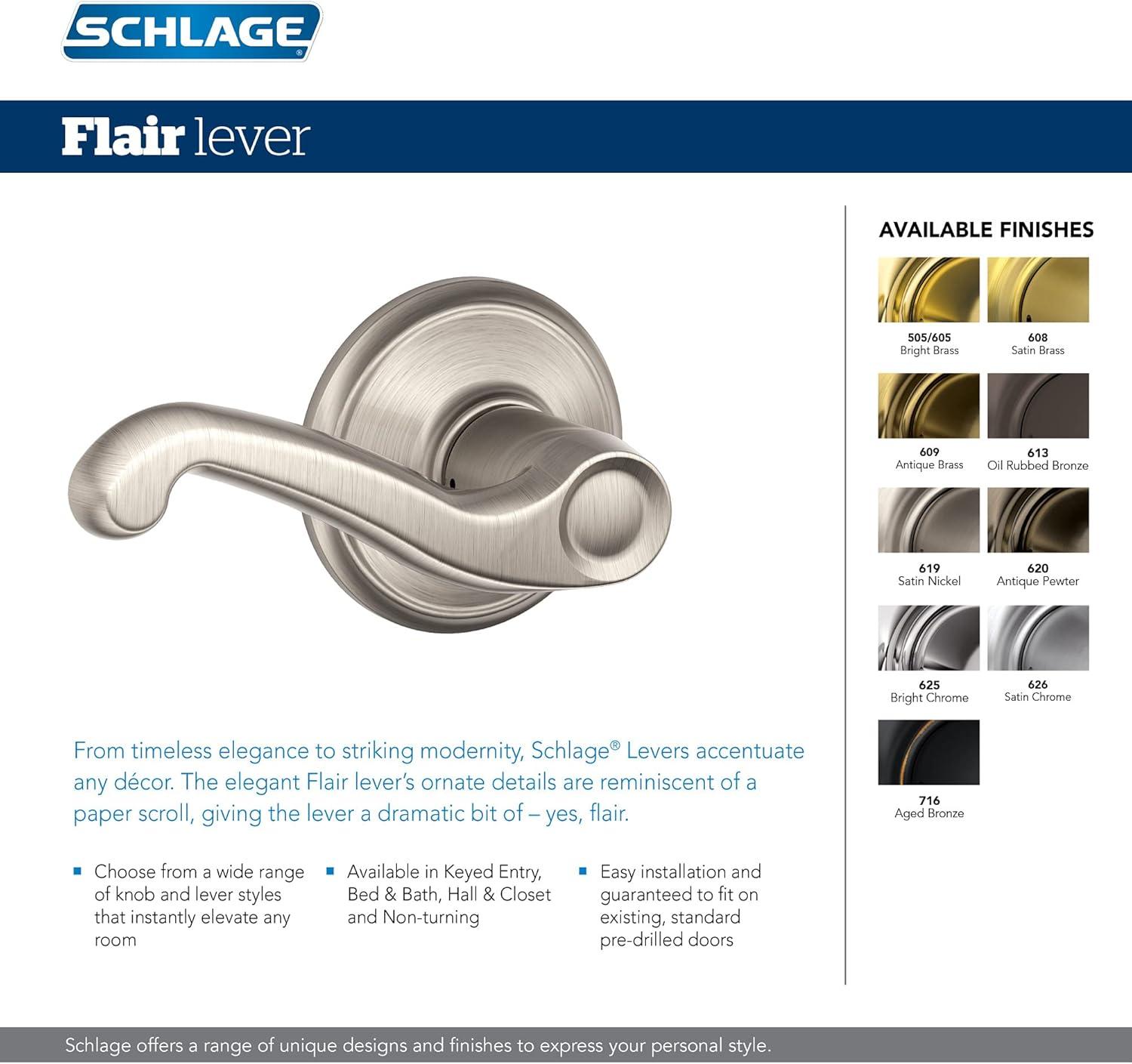 image:imageSchlage F40 FLA 619 Flair Door Lever Bed amp Bath Privacy Lock Satin NickelStandard
