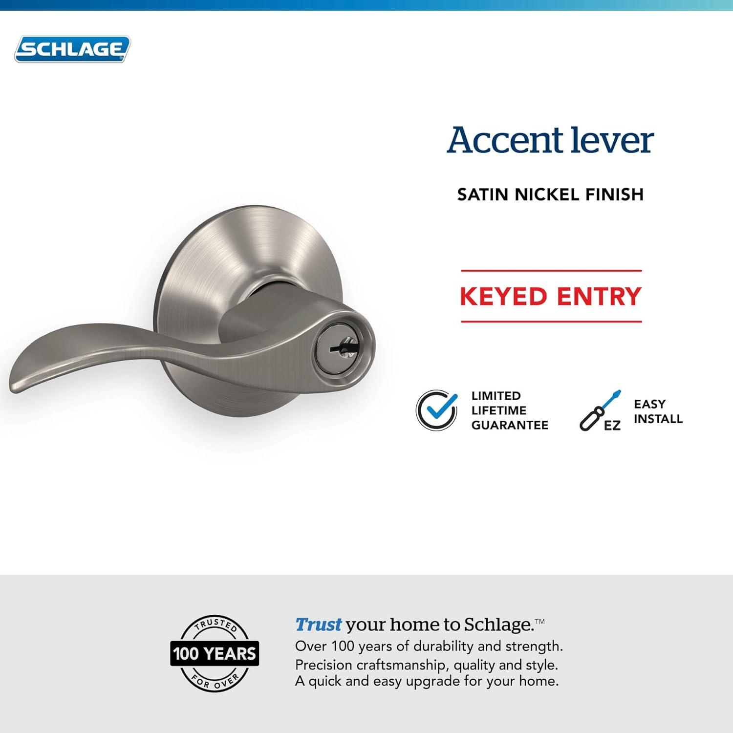 image:imageSchlage F51A ACC 619 Accent Door Lever Keyed Entry Lock Satin NickelKeyed Entry