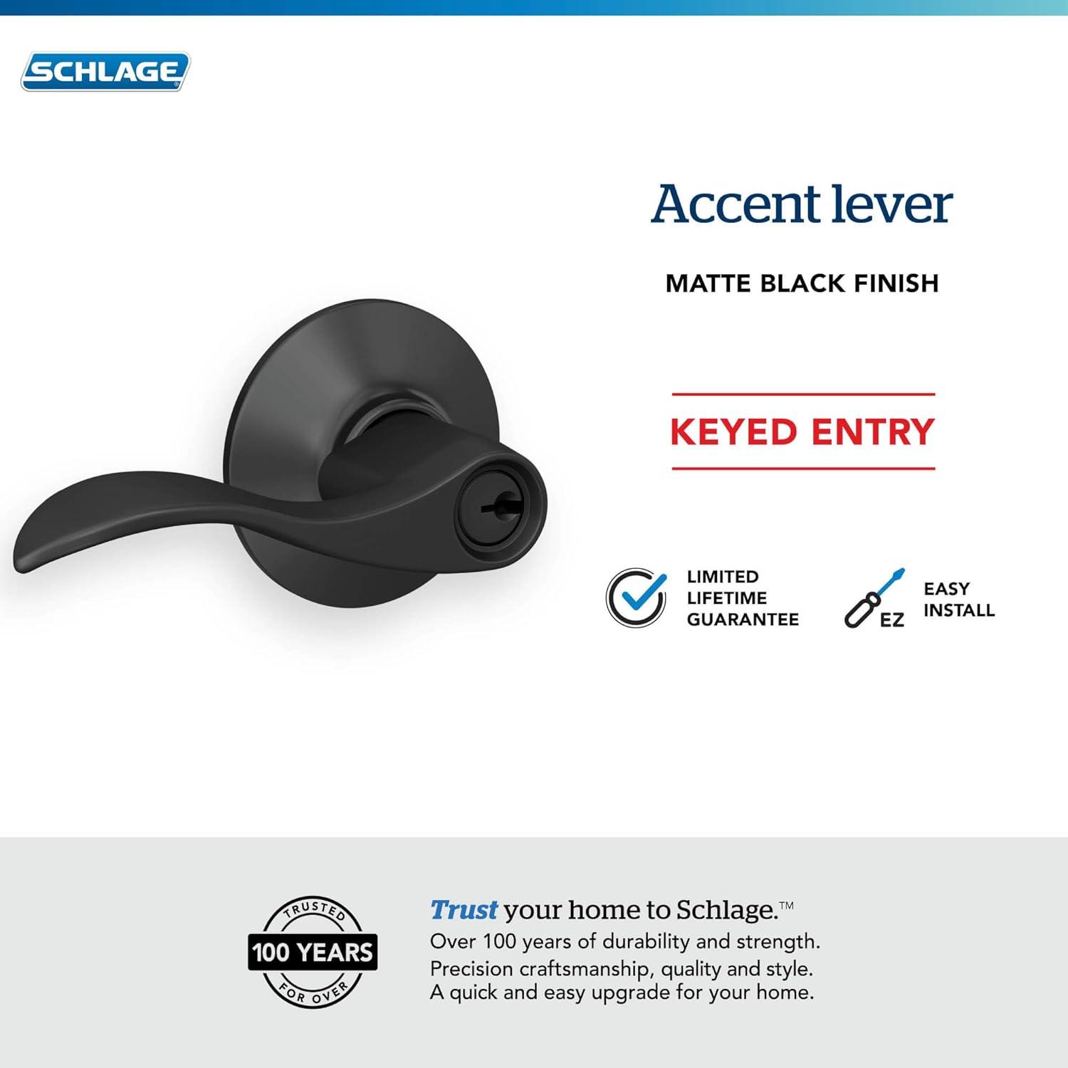 image:imageSchlage F51A ACC 622 Accent Door Lever Keyed Entry Lock Matte BlackKeyed Entry Pack of 8