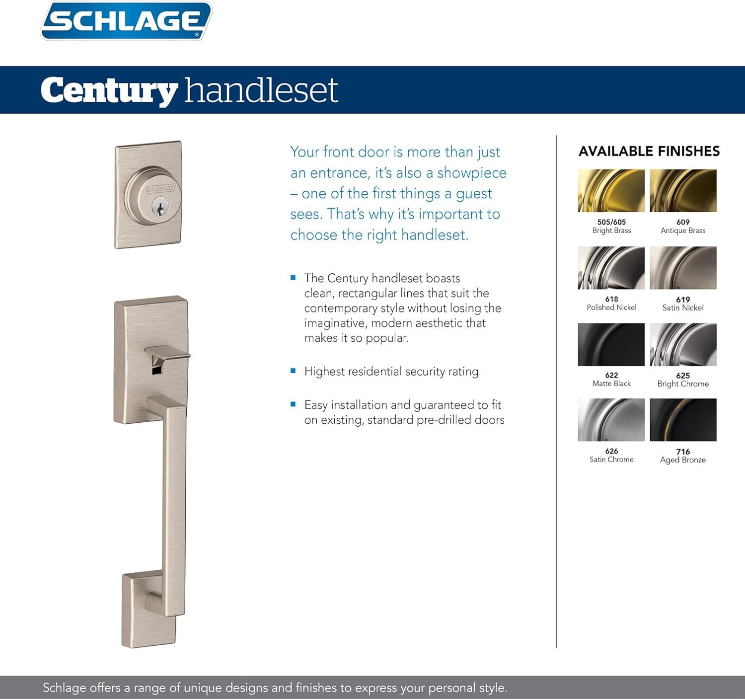 image:imageSchlage F58 CEN 619 Century Exterior Handleset with Deadbolt Satin Nickel Exterior Half OnlySatin Nickel