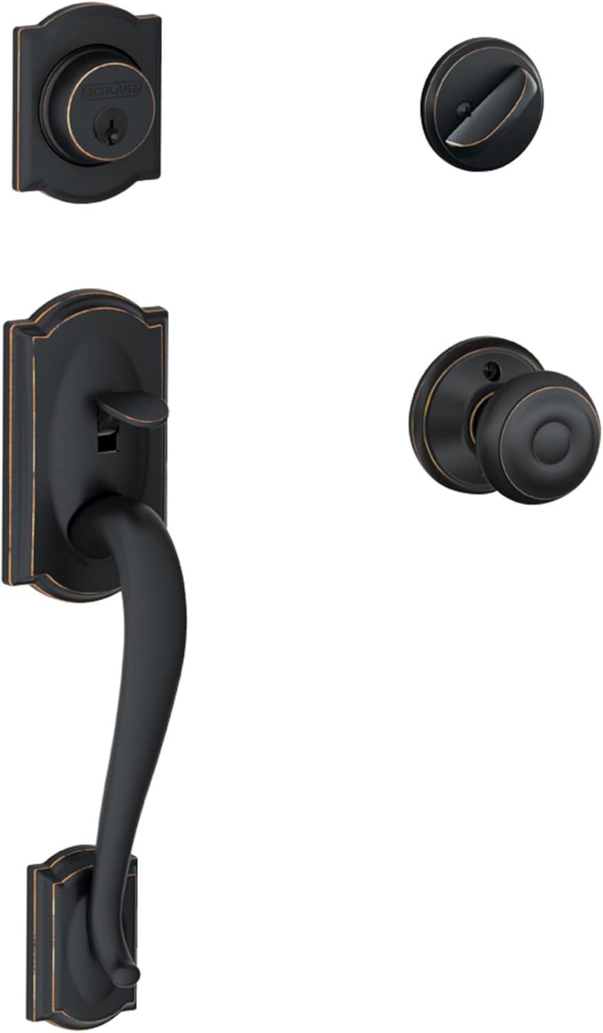 image:imageSchlage F60 V CAM 716 GEO Camelot Front Entry Handleset with Georgian Knob Deadbolt Keyed 1 Side Aged Bronze