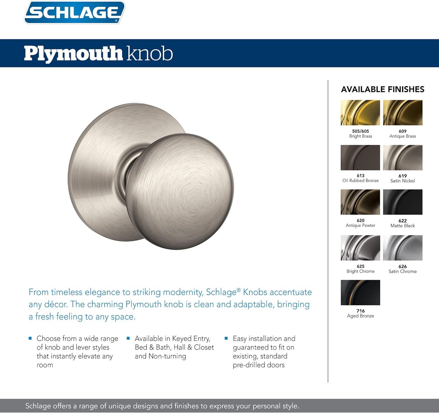 image:imageSchlage FB50 V PLY 505 605 Single Cylinder Deadbolt and Keyed Entry Plymouth Knob Bright Brass
