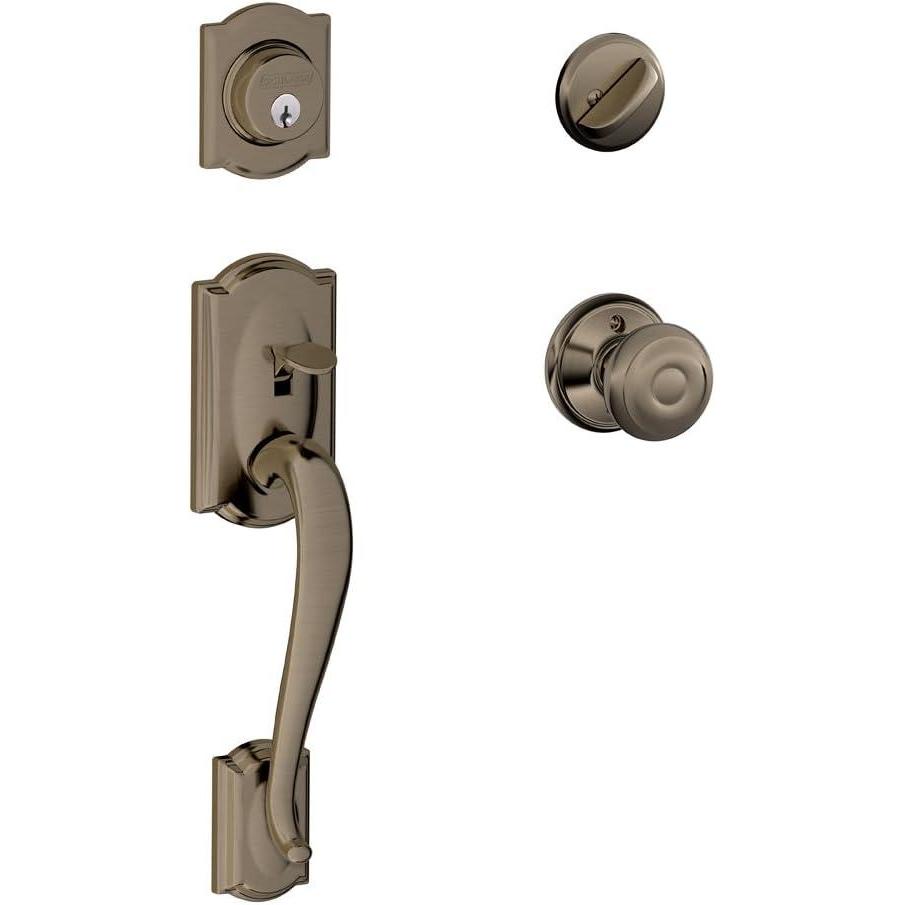 image:imageSCHLAGE Camelot Single Cylinder Handleset and Georgian Knob Antique Pewter F60 CAM 620 GEO Bright Brass