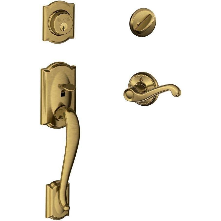 image:imageSCHLAGE Camelot Single Cylinder Handleset and Left Hand Flair Lever Antique Brass F60 CAM 609 FLA LH