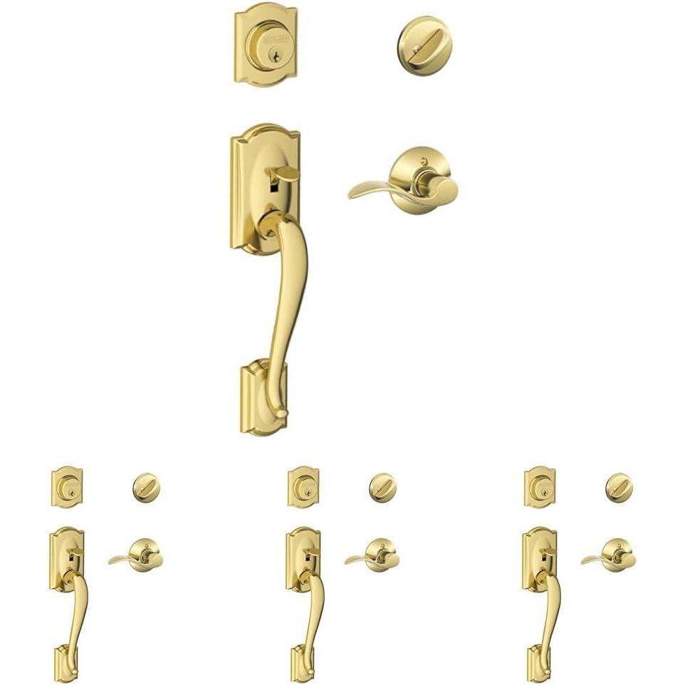 image:imageSCHLAGE Camelot Single Cylinder Handleset and Right Hand Accent Lever Bright Brass F60 CAM 505 Acc 605 RHBright Brass