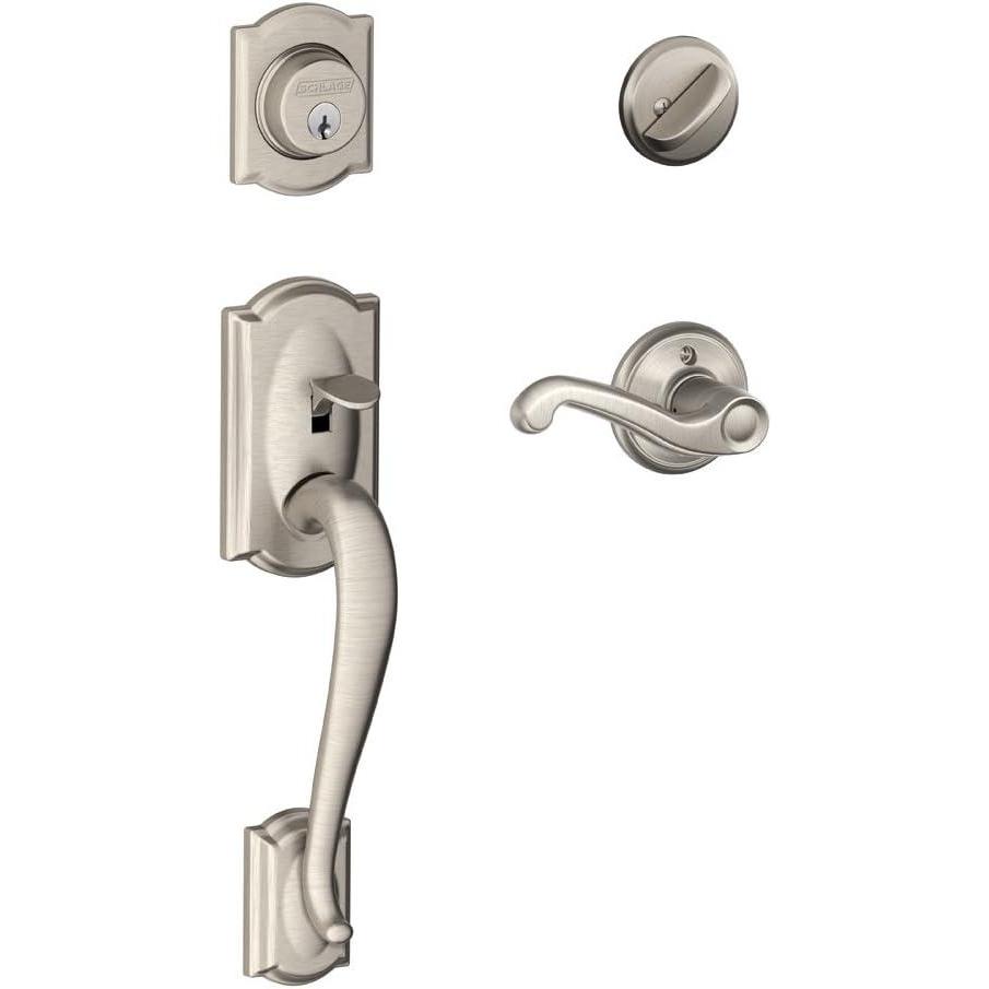 image:imageSCHLAGE Camelot Single Cylinder Handleset and Right Hand Flair Lever Satin Nickel F60 CAM 619 FLA RHStandard Interior Trim