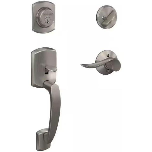 image:imageSCHLAGE F60 GRW 619 SAC Greenwich Front Entry Handleset with Right Handed Sacramento Door Lever Deadbolt Keyed 1 Side Satin Nickel