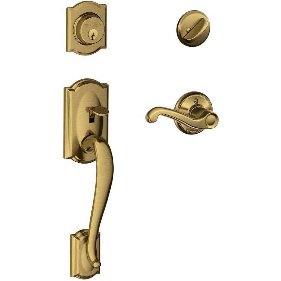image:imageSCHLAGE Lock Company Camelot Single Cylinder Handleset and Right Hand Flair Lever Antique Brass F60 CAM 609 FLA RH