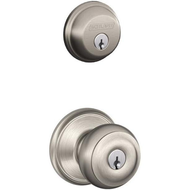 image:imageSCHLAGE Satin Nickel FB50N V GEO 619 B60 Single Cylinder Deadbolt and F51 Entry Georgian Knob Keyed Alike Finish Security SetSatin Nickel