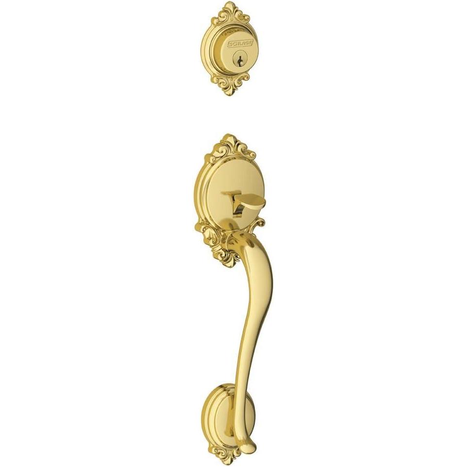 image:imageSchlage F58 BRK 716 Brookshire Exterior Handleset with Deadbolt Aged Bronze Exterior Half OnlyPVD Bright Brass