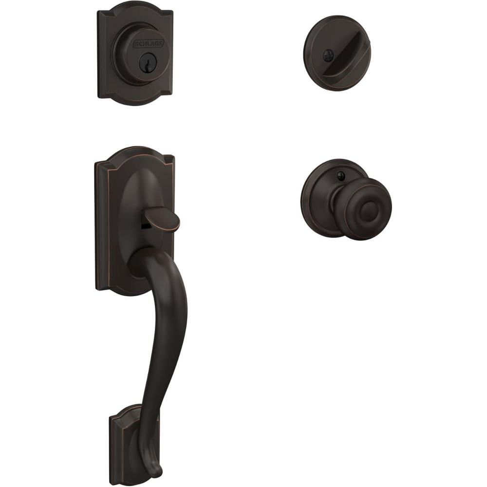 image:imageSchlage F60 V CAM 716 GEO Camelot Front Entry Handleset with Georgian Knob Deadbolt Keyed 1 Side Aged Bronze