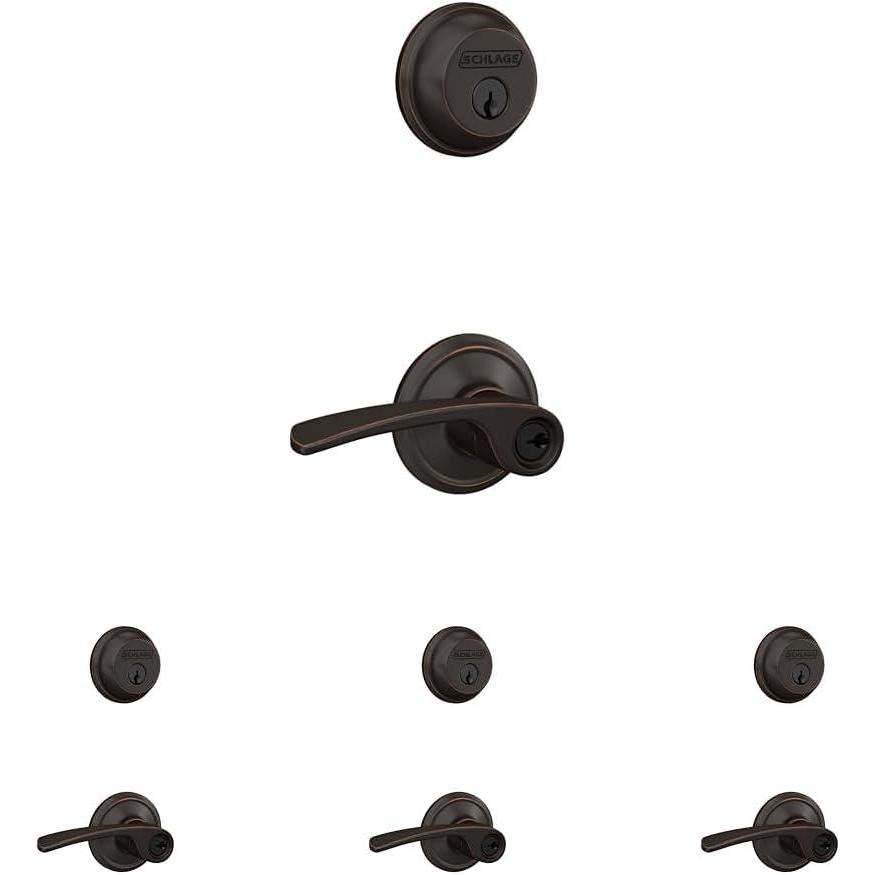 image:imageSchlage FB50 N V MER 716 Single Cylinder Deadbolt and Keyed Entry Merano Lever Aged BronzePack of 4