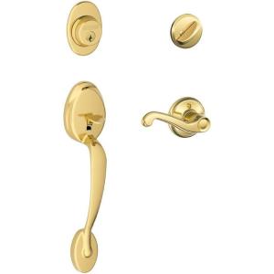 Plymouth Single Cylinder Handleset and Right Hand Flair Lever, Bright Brass (F60 PLY 505 FLA 605 RH)(Bright Brass)