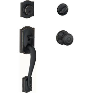 SCHLAGE Camelot Single Cylinder Handleset and Georgian Knob, Aged Bronze (F60 CAM 716 GEO)