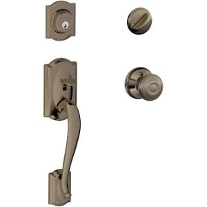 SCHLAGE Camelot Single Cylinder Handleset and Georgian Knob, Antique Pewter (F60 CAM 620 GEO), Bright Brass