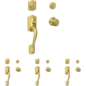 SCHLAGE Camelot Single Cylinder Handleset and Georgian Knob, Satin Brass (F60 CAM 608 GEO)(Standard Interior Trim (Pack of 4))