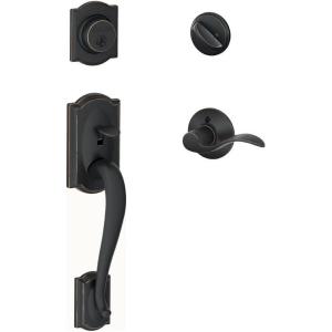 SCHLAGE Camelot Single Cylinder Handleset and Left Hand Accent Lever, Aged Bronze (F60 CAM 716 Acc LH)(Standard Interior Trim)