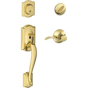 SCHLAGE Camelot Single Cylinder Handleset and Left Hand Accent Lever, Bright Brass (F60 CAM 505 Acc 605 LH)(Standard Interior Trim)