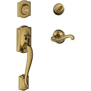 SCHLAGE Camelot Single Cylinder Handleset and Left Hand Flair Lever, Antique Brass (F60 CAM 609 FLA LH)